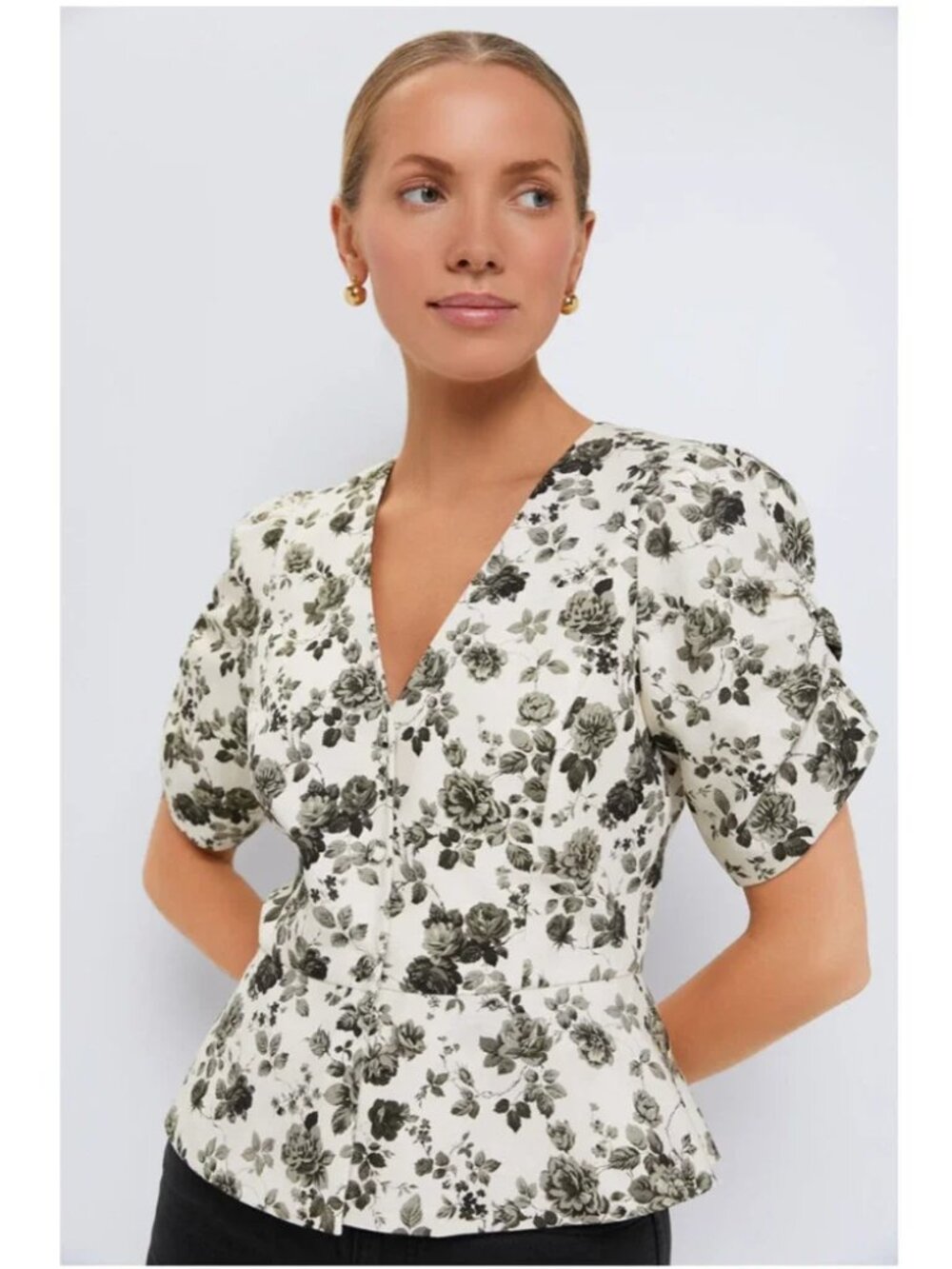Tuckernuck Lisle Faded Roses Peplum Blouse Women Black and Creamy White Size XS